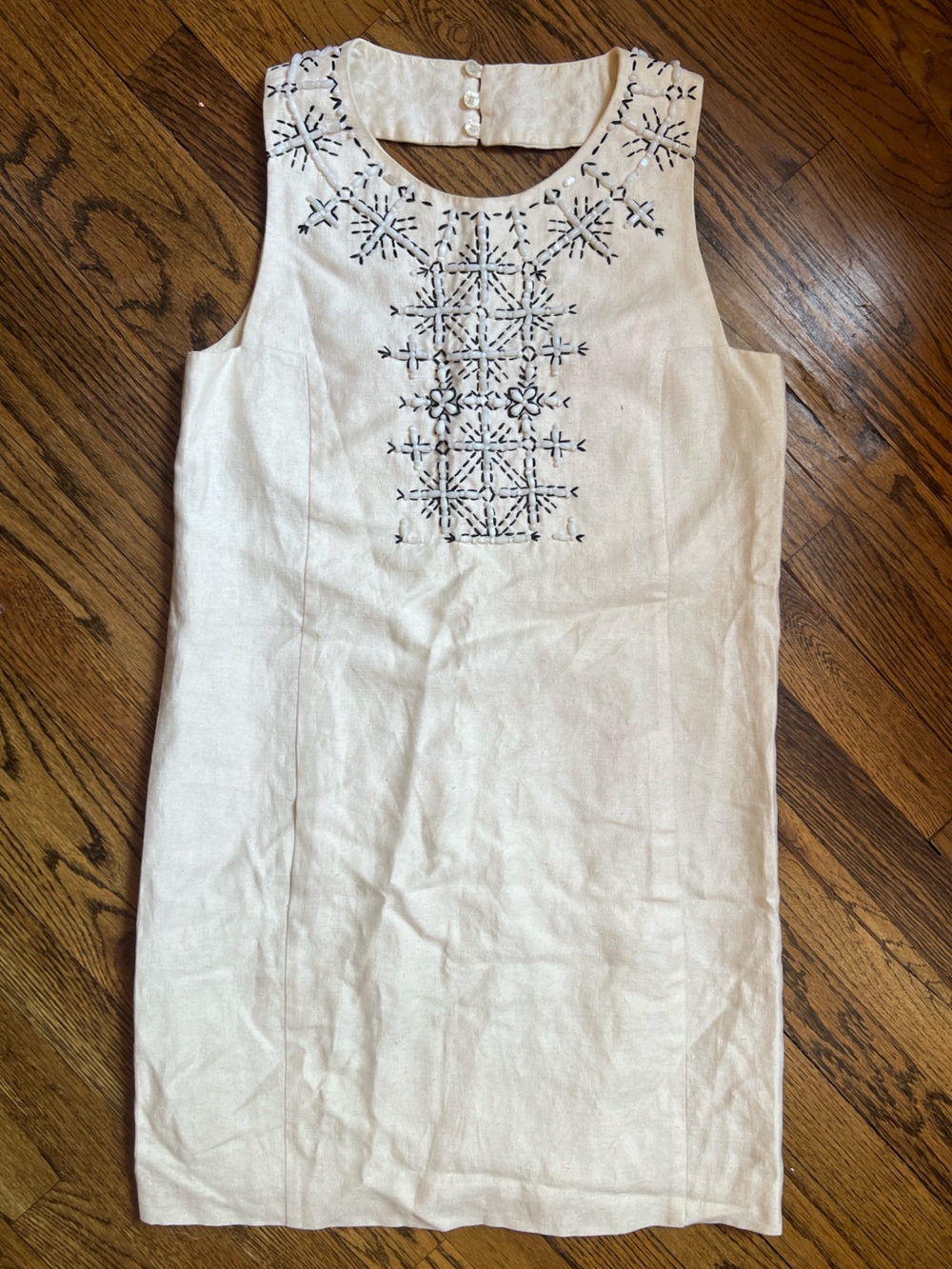 Emilio Pucci Cream Sleeveless Linen Dress with Black Embroidery